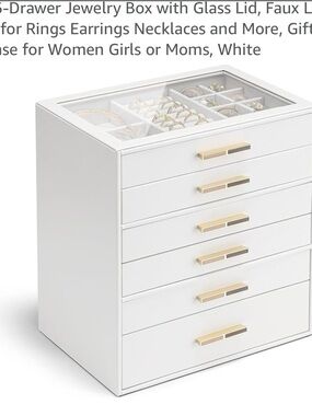Vlando White 6-Drawer Jewelry Organizer with Glass Top and Gold Handles